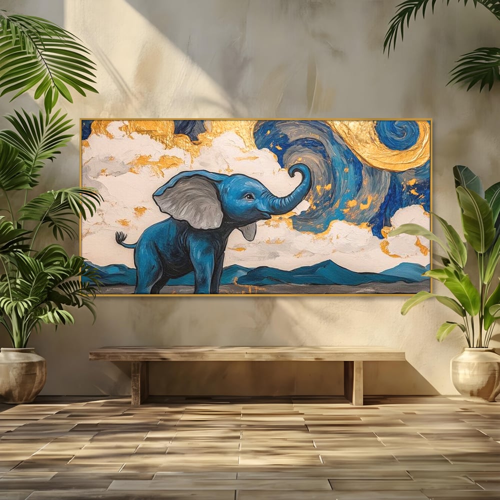 Tablou canvas cu tablou canvas cu elefant albastru, in rama de aluminiu auriu